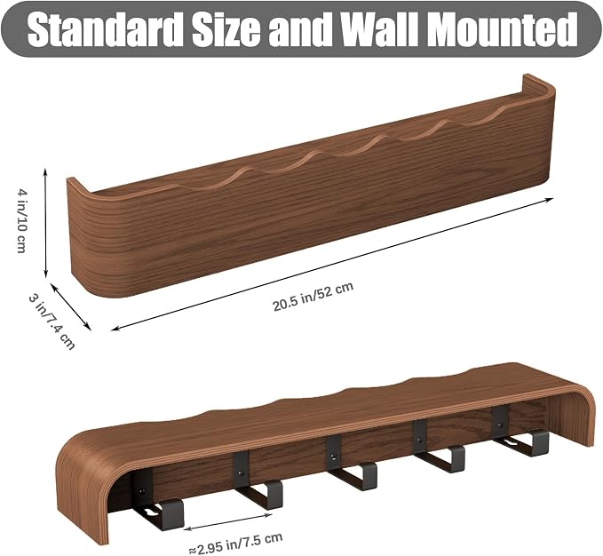 Coat Rack Wall Mount with Shelf 5 Hidden Hooks Modern Wooden Key Holder Entryway Organizer for Hallway Bedroom Bathroom Home Decor Storage for Hanging Coats Hats Bags Towels, Wave-Shape Walnut - Image 3