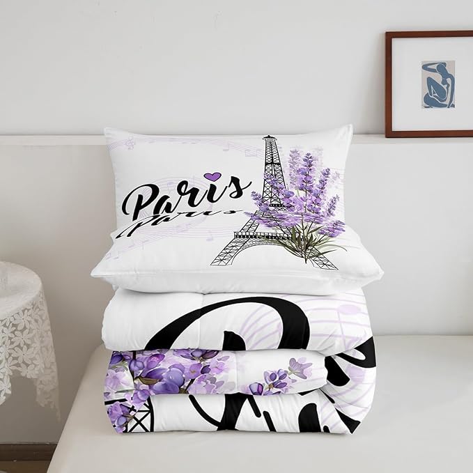 Eiffel Tower Comforter Set Purple Lavender Flowers Print Bedding Set, Romantic Paris City Floral Style Decor for Kids Girls Boys Teens, Queen Size 3pcs Polyester Quilt Duvet for Dorm Bedroom - Image 5
