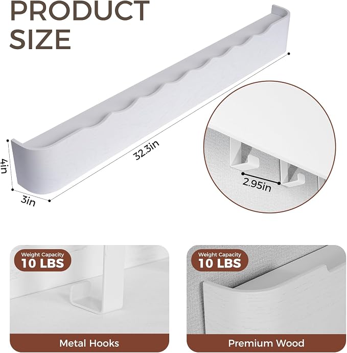 Coat Rack Wall Mount with Shelf Entryway Shelf Modern Key Holder Hanger Wall Shelves with Hidden Hooks for Hanging Towels Coats Hats Bags for Hallway Bathroom Bedroom (Wavy White, 8 Hooks) - Image 2