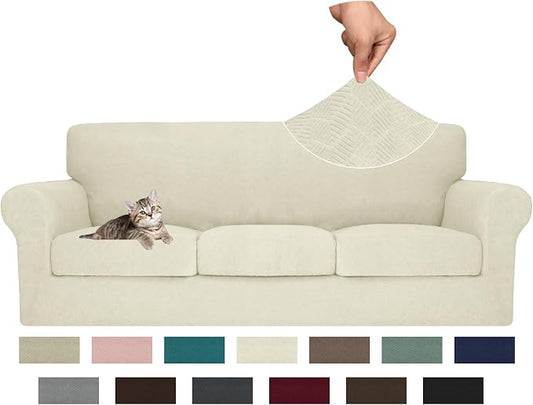 MAXIJIN 4 Piece Couch Covers for 3 Cushion Couch Sofa Covers, Stretch Couch Slipcovers for Sofas with 3 Cushions, Thick 3 Seat Furniture Protector for Dogs Pet (71"-91", Beige) by MAXIJIN