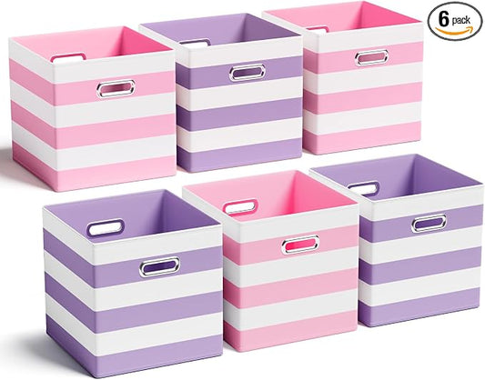 CroBlissful 11 Inch 6 Pack Fabric Storage Cubes with Metal Handles, Back to School Collapsible Organizer Bins for Classroom, Closet, Student Room, Toys and School Supplies (Purple and Pink) by CroBlissful