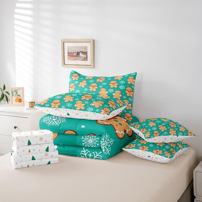 Erosebridal Christmas Gingerbread Full Bedding Set 7 Piece,Cute Gingerbread Man Bed in A Bag for Kids,Xmas Snowflake Comforter Set Kawaii Xmas Sheet Set with Comforter,Green Christmas Decoration - Image 6