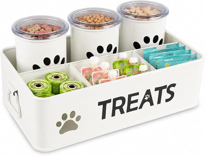 Dog Treat Organizer, 3 Pack 28 Oz Metal Dog Treat Containers with Airtight Lids, Dog Treat Jars and Canister Set for Countertop, Pet Food Treats Station for Dog Cat Biscuits, Kibble(White) by Unknown