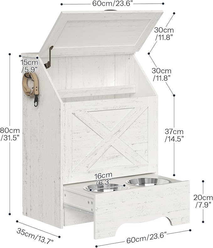 HOOBRO Dog Feeding Station with Sliding Drawer and 2 Hidden Bowls, Pet Feeding Station with Flip-Up Door, Dog Food Storage Cabinet with 2 Hooks for Living Room and Bedroom, Cloud White WT03PO03 - Image 6