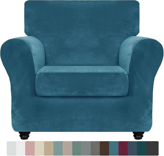 ZNSAYOTX Luxury Velvet Chair Slipcovers with Arm 2 Piece Stretch Chair Covers for Living Room Thick Soft Armchair Slipcover Anti Slip Pet Friendly Furniture Protector (Peacock Blue),30"-47"(1 CUSHION) by ZNSAYOTX