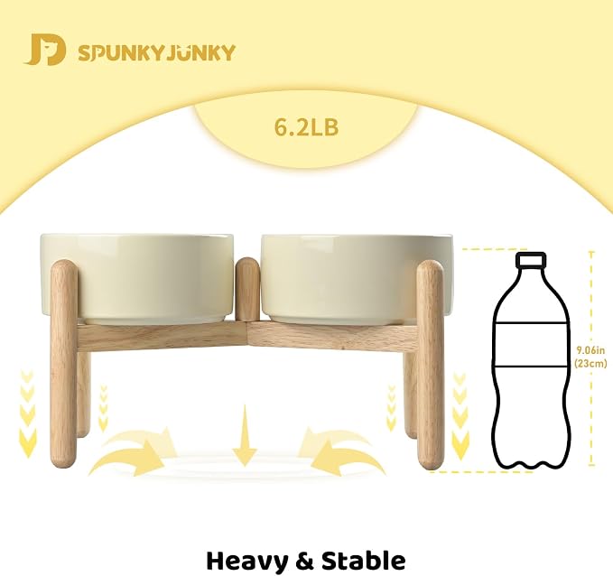 SPUNKYJUNKY Ceramics Elevated Dog Bowls with Wooden Stand - Raised Double 60OZ Cream White Bowls for Medium Large Dogs - Image 5