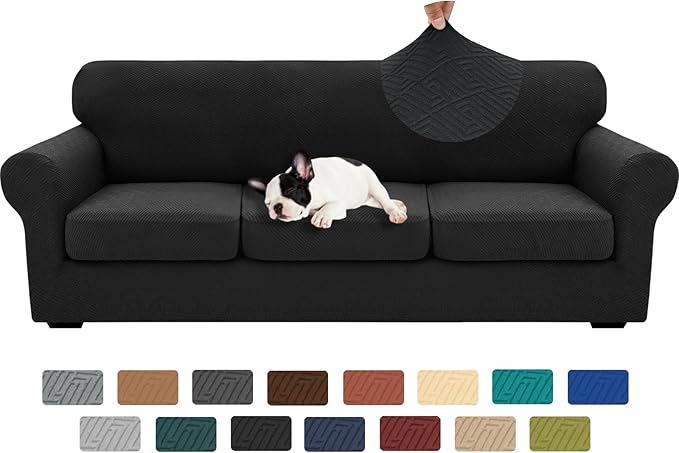 XINEAGE 2026 New 4 Pieces Extra Large Couch Covers for 3 Cushion Sofa Super Stretch Sofa Cover for 3 Large Seat Cushion Universal Fitted Slip Cover for Living Room (Black), 91"-110"(3 Cushions) by XINEAGE