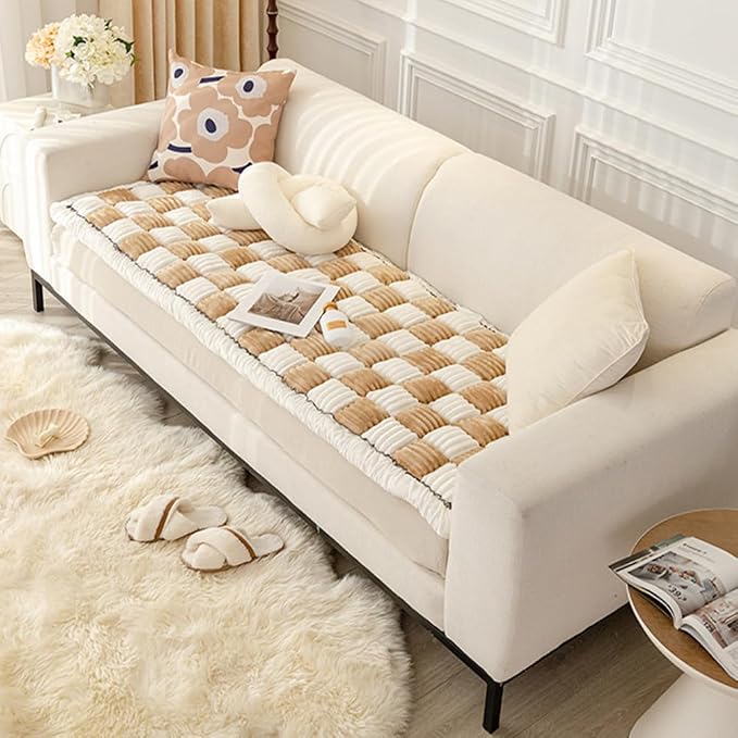 Fluffy Couch Cover for Pets - Large Cream-Coloured Fuzzy Plaid Square Pet Mat Bed Couch Cover Protector - Bay Window Cushion Bedside Carpet (Khaki, 23.6 * 23.6in) - Image 3