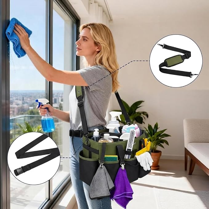 Ytonet Wearable Cleaning Caddy Organizer with Handle & Shoulder Straps, Large Cleaning Bag for Housekeepers, Kitchen Supplies Organizer with Dividers, Under Sink & Car Detailing Bag, Green - Image 2
