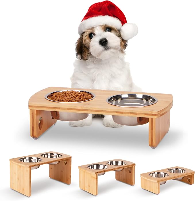 Elevated Dog Bowls, Bamboo Raised Dog Bowl for Small Dogs & Cats, with 2 Stainless Steel Bowls (4'' Tall-20oz Bowl) by JoyoPawFamily