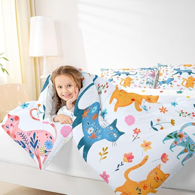Feelyou Cute Cat Flower Bedding Set for Boys Girls, Cartoon Floral Kawaii Comforter Set Toddler Size Funny Cats Animals Duvet Quilt Microfiber Rainbow Printed Bedroom Decor 2 Pcs with 1 Pillow Cases - Image 7