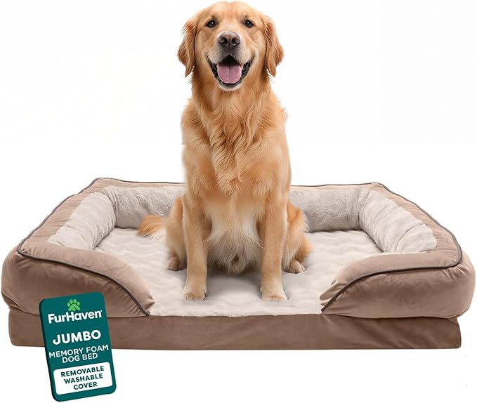 Furhaven Orthopedic Dog Bed for Large Dogs w/ Removable Bolsters & Washable Cover, For Dogs Up to 95 lbs - Plush & Velvet Waves Perfect Comfort Sofa - Brownstone, Jumbo/XL by FurHaven