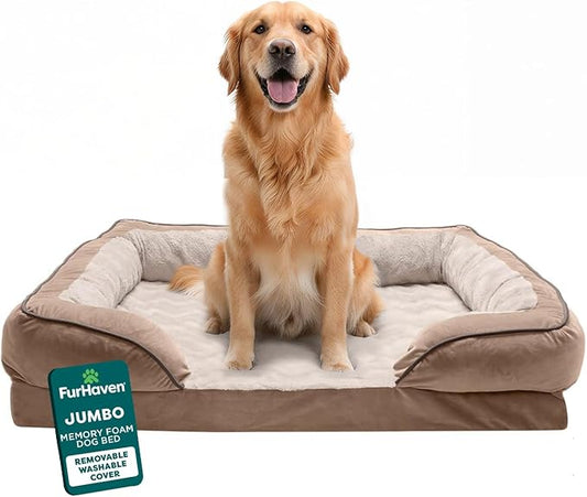Furhaven Orthopedic Dog Bed for Large Dogs w/ Removable Bolsters & Washable Cover, For Dogs Up to 95 lbs - Plush & Velvet Waves Perfect Comfort Sofa - Brownstone, Jumbo/XL by FurHaven