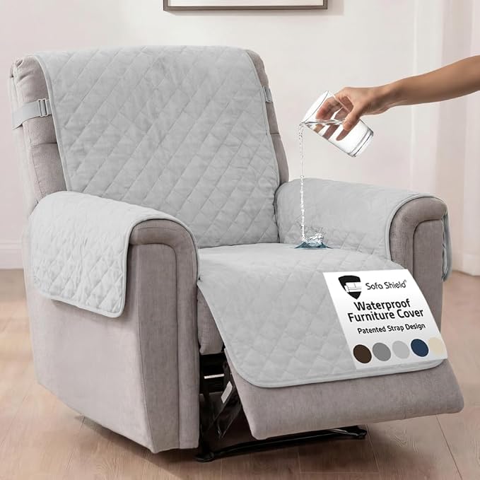 Sofa Shield 100% Waterproof Couch Cover with Patented Straps, Slip & Stain Resistant, Machine Washable Sofa Slipcover for Dogs Cats Pets Kids, 28 inch Seat, Large Recliner, Light Gray by SofaShield