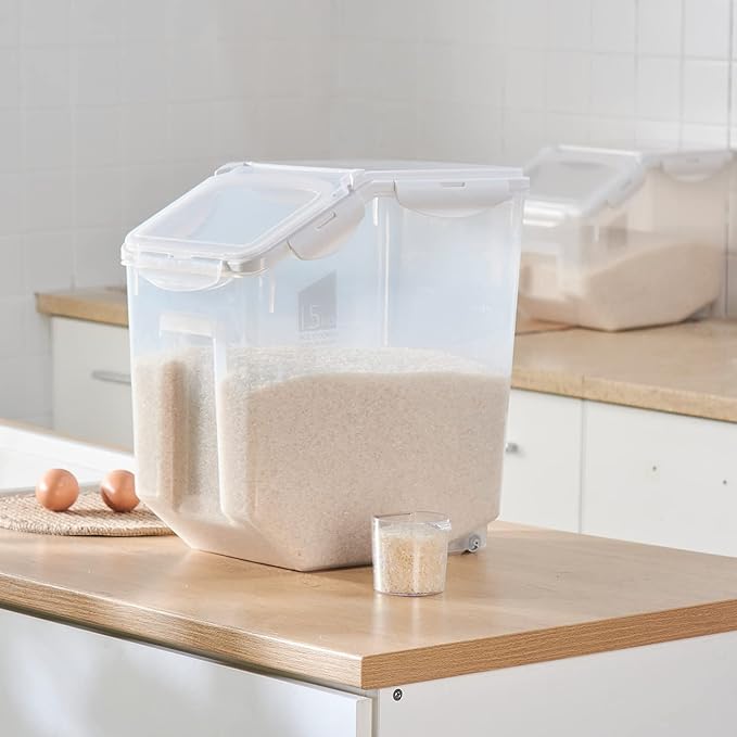 HANAMYA 15 Liter / 30 lbs Rice Storage Container with Measuring Cup, BPA free, For Rice | Grain | Pet Food | Flour, 1 count, Clear - Image 2