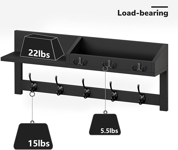 AMBIRD Wall Hooks with Shelf, 26.57 Inch Entryway Wood Coat Hooks for Wall, Coat Rack Wall Mount Rack with 5 Dual Hooks 3 Key Hooks Mail Organizer and Key Rack Key Holder (Black) - Image 7