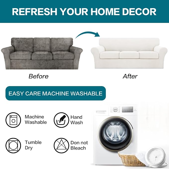 Turquoize 4 Piece Sofa Covers for 3 Cushion Couch Sofa Slipcover Soft Couch Cover for Dogs-Washable Sofa Furniture Cover with 3 Individual Cushion Covers (3 Cushion Sofa, Porcelain White) - Image 7