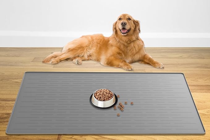 48" x 32" XXXL Largest Pet Food Mat, Silicone Dog Mats for Food and Water, Nonslip Pet Feeding Mats for Floors,Dog Cat Bowl Mat with Raised Edges, Light Gray by WelcometoULTIBE