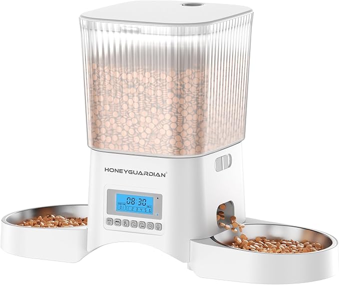 HoneyGuaridan Automatic Cat Feeder for 2 Cats,Automatic Cat Food Dispenser,Timed Pet Feeder for Cats and Dogs,Desiccant Bag, Programmable Portion Control,10s Voice Recorder by HoneyGuaridan