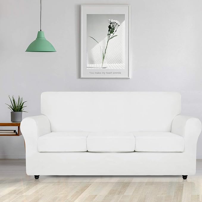 ZNSAYOTX Luxury Couch Cover 4 Piece Stretch Sofa Covers for 3 Cushion Couch Thick Soft Spandex Sofa Slipcover Living Room Anti Slip Dogs Pet Furnitre Protector (White, Sofa) - Image 3
