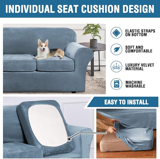 H.VERSAILTEX Velvet 4 Piece High Stretch Sofa Slipcover Cover Furniture Protector Form Fit Luxury Thick Velvet Extra Large Sofa Cover for 3 Cushion Couch Width Up to 105 Inch(XL Sofa, Stone Blue) - Image 6