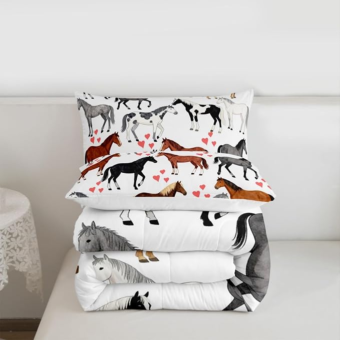 Erosebridal Horse Comforter Set Twin Farm Bedding Set Kids Boys Girls Teens Cute Animal Duvet Set Cartoon Horses with Pink Lover Heart Decor Kawaii Quilt Set Cowboy Cowgirls Comforter Set - Image 7