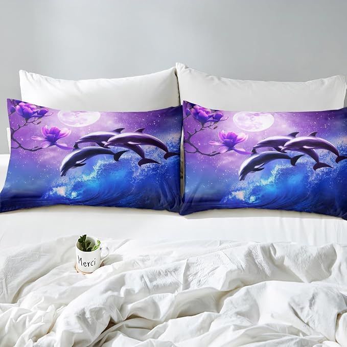 Galaxy Dolphin Sheet Set Twin Size Coastal Ocean Waves Bedding Purple Cherry Blossoms Sea Animal Bed Sheets For Kids Boys Girls Teens Moon Sky Starry Fitted Sheet + Flat Sheet + 1 Pillow Case Blue - Image 5