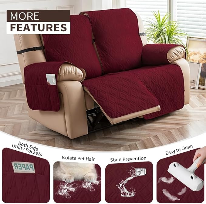 Genina Waterproof Loveseat Recliner Cover Non-Slip, Sofa Cover for Reclining Couch 2 Seat, Washable Couch Cover Loveseat Furniture Protector Cover for Pets Dogs Kids (Wine Red, Recliner Loveseat) - Image 3