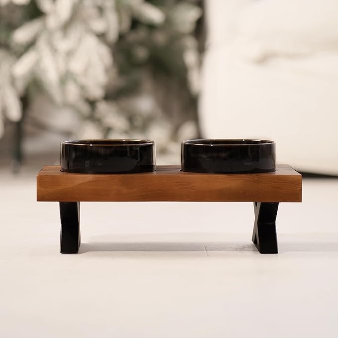 CHEERHOME PETS Raised Cat Ceramic Bowls for Small and Medium Dog, Solid Wooden Dog Food Bowl with Stand, Food Feeding Dishes Water Bowl for Cats and Puppy(Grilled Pine Wood) - Image 2