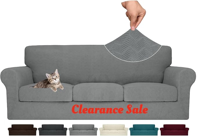MAXIJIN 4 Piece Couch Covers for 3 Cushion Couch Sofa Covers, Stretch Couch Slipcovers for Sofas with 3 Cushions, Thick 3 Seat Furniture Protector for Dogs Pet (71"-91", Light Gray) by MAXIJIN
