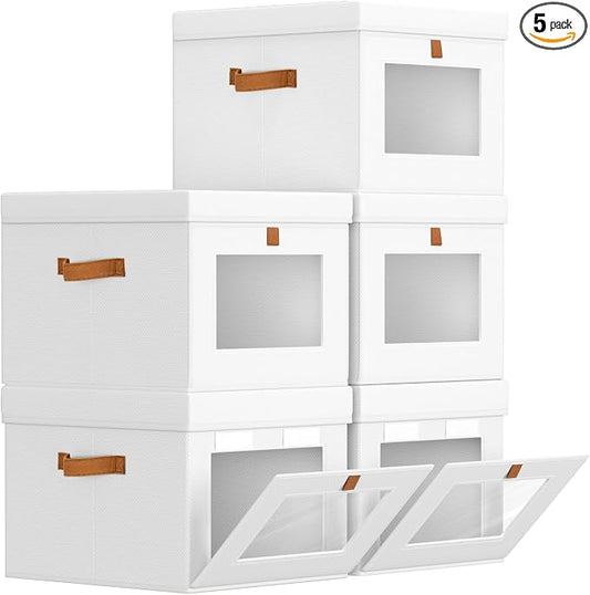 Homsorout Storage Bins with Lid – Closet Organizer with Side Opening and Clear Window, Foldable Stackable Fabric Basket for Clothes, Home, Office - 13.77" x 11.8" x 9.8", 5 Pack, White by Homsorout