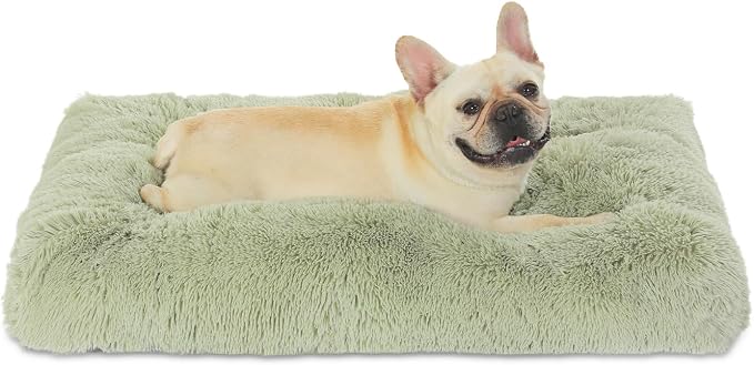 Bedfolks Waterproof Crate Bed, Plush Pad With Removable Cover, Faux Fur for Medium Dogs, Fluffy Washable Kennel 29"x21", Sage Green by Bedfolks