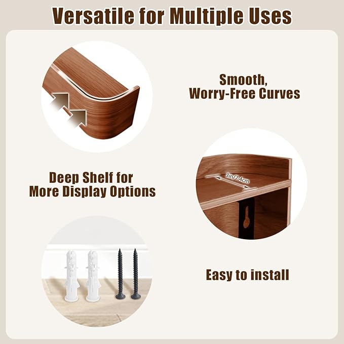 Coat Rack Wall Mount with Hidden Hooks, Wall Hooks with Shelf, Wall Key Holder Mount Wooden Shelf Entryway Hooks for Bedroom Bathroom for Hanging Coats Hats Bags Towels (Walnut, 4 Hooks) - Image 5