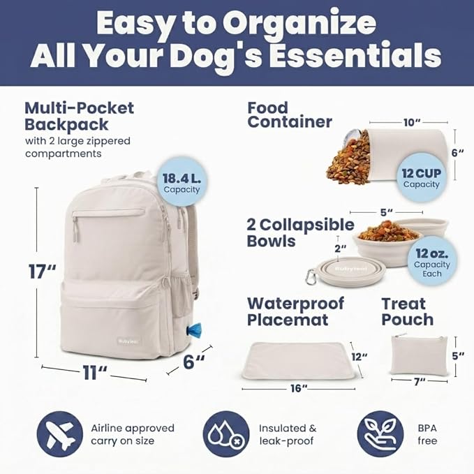 Rubyloo Dog Travel Backpack for Supplies - Dog Diaper Bag with Travel Bowls | 2 BPA-Free Bowls; Food Container & Treat Pouch; Placemat; Laptop Sleeve; Poop Bag Dispenser, Hiking, Camping & Road Trips, - Image 3