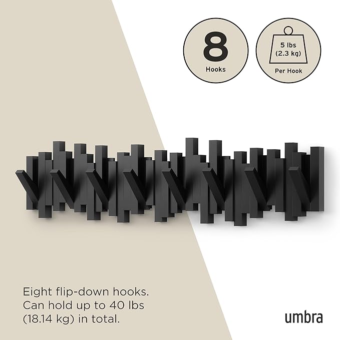 Umbra Sticks Wall Coat Rack, Wall Mount 8 Retractable Hooks, Black | Modern sculptural look, holds five pounds each, fits entryways and bedrooms, easy to install, recycled plastic - Image 5