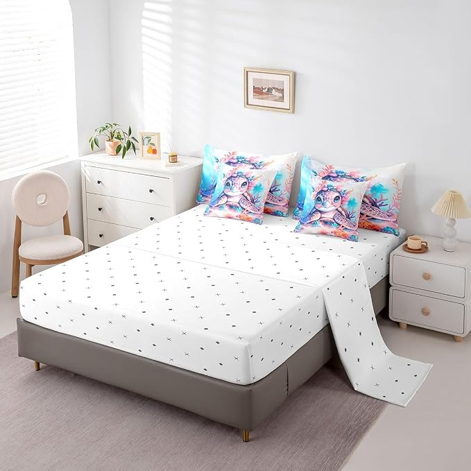 Erosebridal Kids Cute Turtle Comforter Set with Sheets Twin Size, Ocean Life Tortoise Bed in A Bag, Underwater World Sea Animal 7 Pieces Bedding Set, Watercolour Coral Bedding Comforter Sets - Image 4