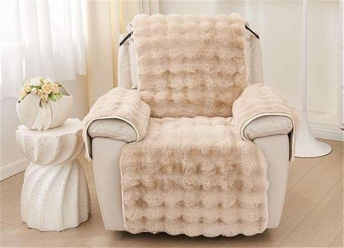 Plush Recliner Slipcover Home Faux Fur Fluffy Recliner Chair Slipcover Non Slip Back Fuzzy Fluffy Reclining Couch Cover Soft Comfort Sofa Slipcover Washable Furniture Protector (Camel) - Image 2