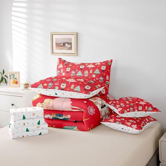 Erosebridal 7Pcs Red Christmas Comforter Set Queen Size,Christmas Nutcracker Bedding Set,Girly Dreamy Princess Bed in A Bag,Xmas Pine Tree Snowflake Quilt with Flat Fitted Sheet,Red - Image 6