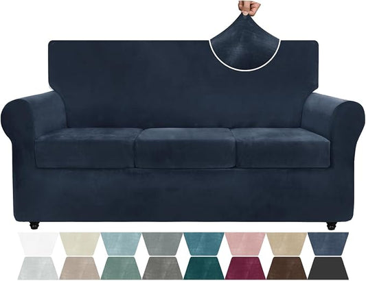 ZNSAYOTX Luxury Velvet Couch Cover 4 Piece (72"-92") Stretch Sofa Covers for 3 Cushion Couch Thick Soft Sofa Slipcover with Non Slip Strap, Dog Pet Friendly Nice Furniture Protector (Navy Blue) by ZNSAYOTX