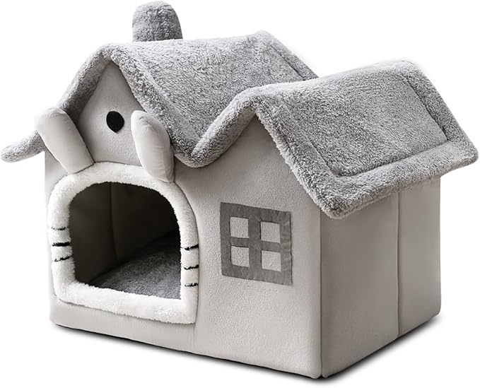 Cat Cave Bed, Warm and Cosy Plush Cat Igloo, Washable Dog Bed with Removable Pillow Cushion, Improve Sleep, Foldable Cat House(M, Grey) by BOSERMEN