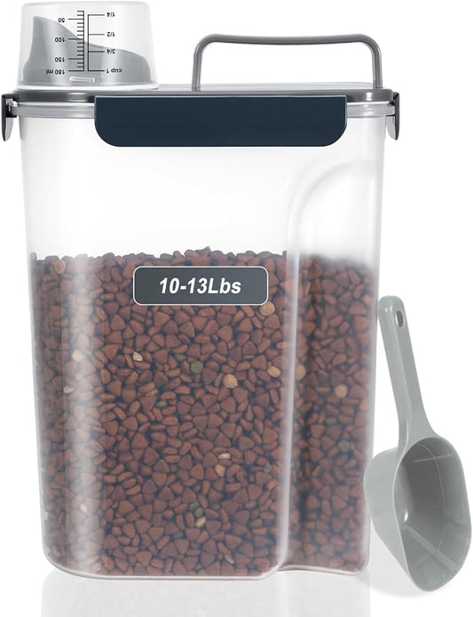 LEAWALK 10-13 Lbs Upgrade Capacity Dog Cat Food Storage Container, Pet Dog Treat Container, Airtight, Clear Bucket Body, With 2-Cup Scoop, Handle, Large Nozzle, 4-Safety Buckles, Easy to Clean, Blue by LEAWALK