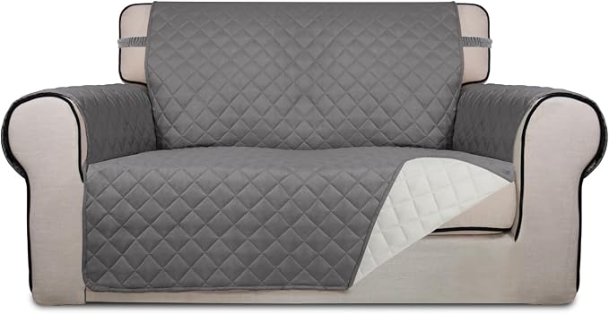 PureFit Reversible Quilted Couch Covers for Dogs Loveseat Sofa Cover 46.5” | Gray/Ivory, Water Resistant Couch Protector, Washable Pet Couch Cover with Non Slip and Elastic Straps For Kids by PureFit