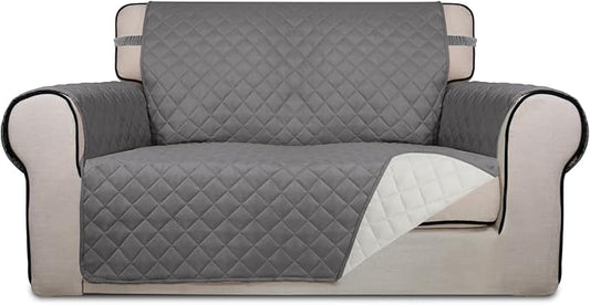 PureFit Reversible Quilted Couch Covers for Dogs Loveseat Sofa Cover 46.5” | Gray/Ivory, Water Resistant Couch Protector, Washable Pet Couch Cover with Non Slip and Elastic Straps For Kids by PureFit