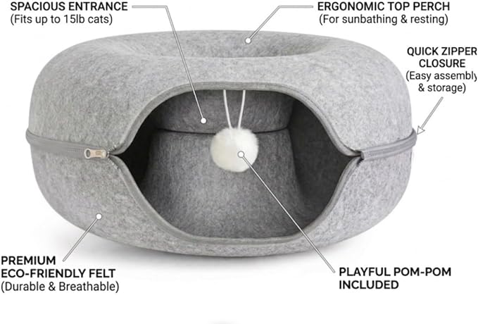 Cat Tunnel Bed - Comfort Bedz Large Donut Cave for Cats, Felt Enclosed Hideaway with Zipper, Top Perch, Interactive Toy, Washable Indoor Cat House - Image 5