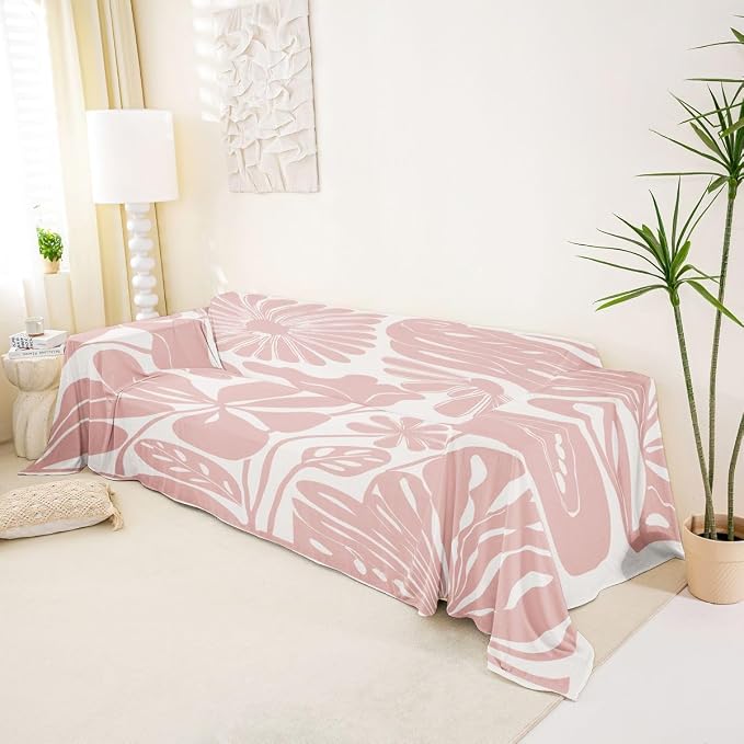 Erosebridal Boho Floral Couch Cover Pink Flower Sofa Cover 71" X 102" Abstract Retro Minimalist Sofa Protector for Pet Cats Kids Vintage Art 70S Modern Washable Couch Protector, Non Slip - Image 2