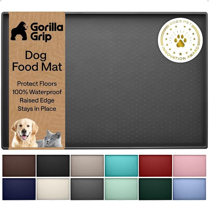 GORILLA GRIP 100% Waterproof Raised Edge BPA Free Silicone Pet Feeding Mat, Dog Cat Food Mats Contain Spills Protects Floors, Placemats for Cats and Dogs Water Bowl, Pets Accessories 16x10, Charcoal by Unknown