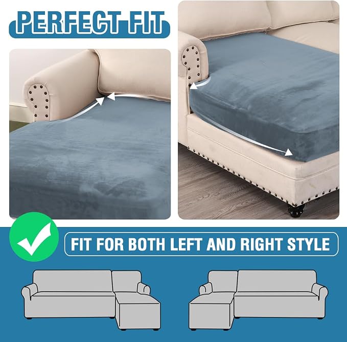 H.VERSAILTEX Velvet Stretch Individual Chaise Cover Sectional Couch Covers for L Shaped Sofa Both Left/Right Furniture Protector Seat Cushion Sofa Cover (1 Piece Chaise Cover, Stone Blue) - Image 6