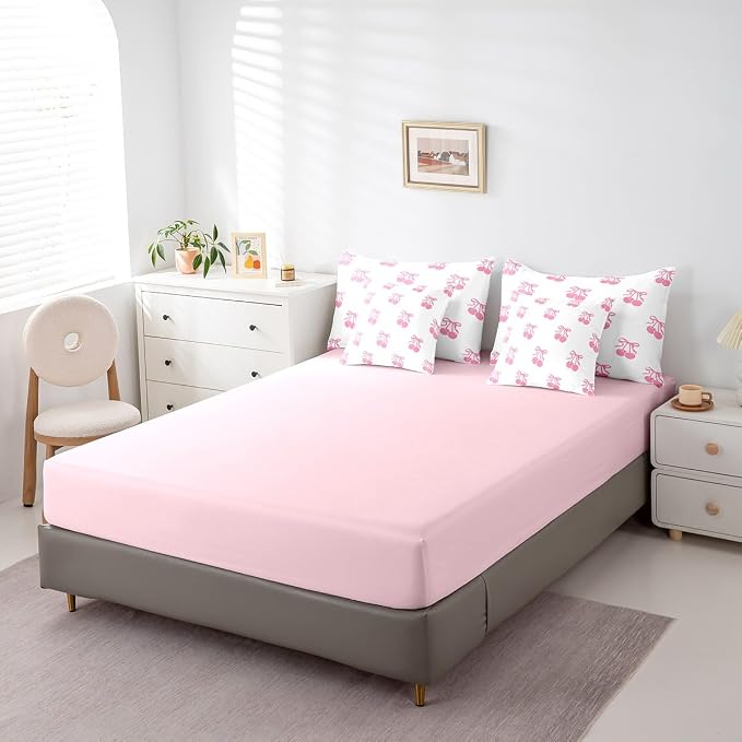 Erosebridal 7 Piece Pink Bowknot Kids Comforter Set Twin Bed in a Bag,Dreamy Princess Style Bedding Set for Girls Women Girlfriend,Girly Cherry Bows Sheet Set,Cartoon Bow Tie Duvet Insert - Image 5