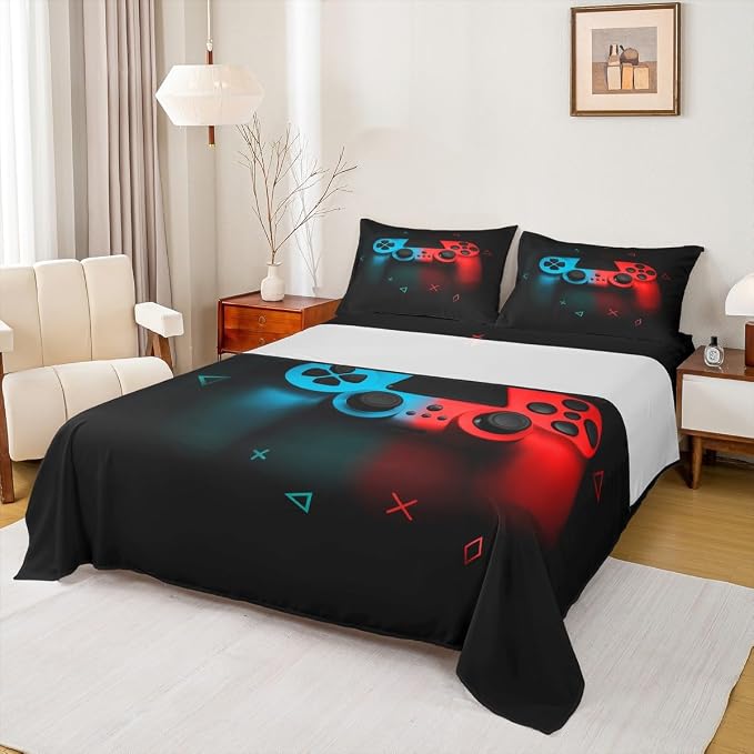 Gaming Bedding Sets for Boys Gamer Sheet Set King,Blue Red Gamepad Bed Sheet Sets Kid Men Video Games Fitted Sheet for Teen Child Game Room Decor Black Classic Retro Gaming Flat Sheet with Pillowcase - Image 3