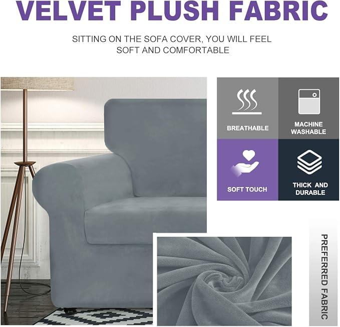ZNSAYOTX Luxury Velvet Sofa Cover 3 Piece (57"-70") Stretch Loveseat Covers for 2 Cushion Couch Thick Soft Couch Slipcover with Non Slip Strap, Dog Pet Friendly Nice Furniture Protector (Light Grey) - Image 3